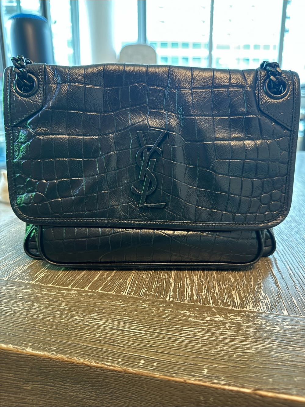 Saint Laurent Black Croc-Embossed Shoulder Bag with YSL Logo